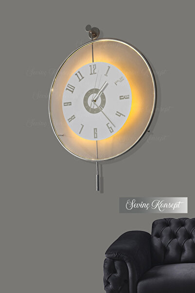 SEVİNÇ KONSEPT LED'li GÜMÜŞ İzmir Kristal 24 Tiktok (ORTA BOY 40 X 60 Cm), Modern Dekoratif Metal Duvar Saati