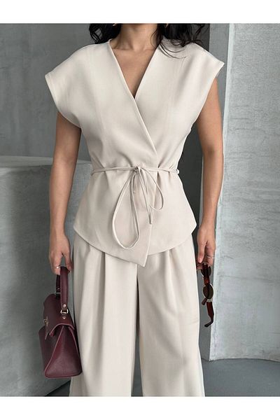 LOBOLIC Modern Style Double Breasted Suit - Belted Top & Wide Leg Pants