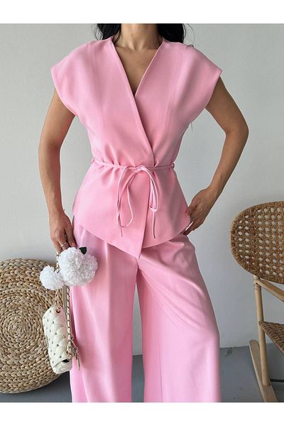 LOBOLIC Modern Style Double Breasted Suit - Belted Top & Wide Leg Pants
