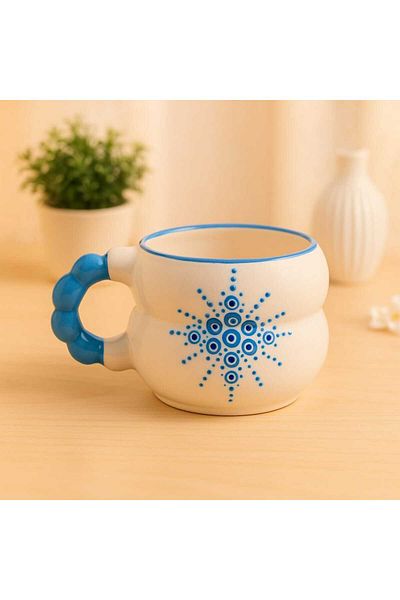 İZart Layered Bead Handle Star Evil Eye Patterned Hand Embroidered Ceramic Mug