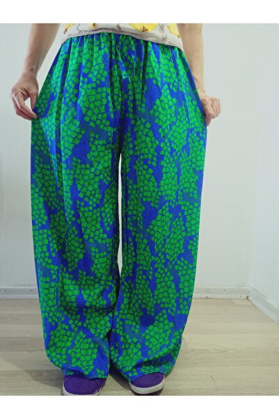 hoaryage Ethnic Patterned 100% Cotton Viscose Pressed Trousers with Elastic Waist38-44Sizes
