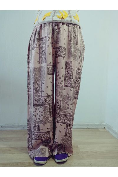 hoaryage Ethnic Patterned 100% Cotton Viscose Pressed Trousers with Elastic Waist36-42Size
