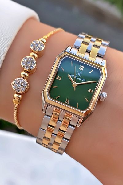 Daniel Klein Brand Yellow Silver Color Stoned Women's Wristwatch - Bracelet Gift