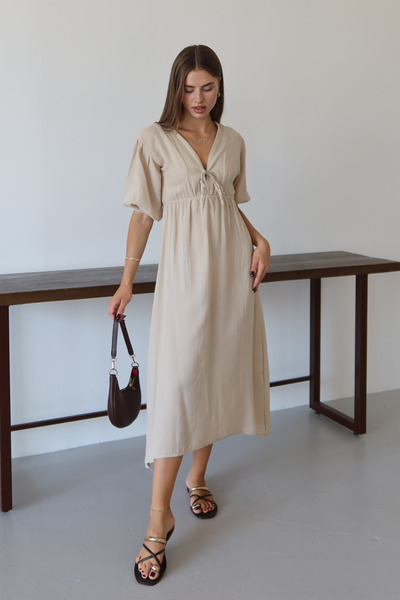 Balenbi Γυναικείο ελαφρύ διαφανές βασικό φόρεμα μουσελίνας με δέσιμο μπροστά 1105