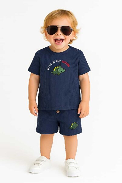 BABİDO Baby Boy Dinosaur 2-Piece Ribbed Shorts Set Black Cotton Summer T-Shir...