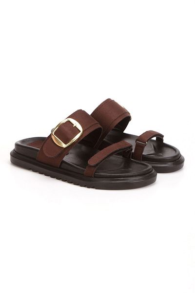 FRZZ Women's Brown Suede Velcro Orthopedic Comfortable Buckle Slippers