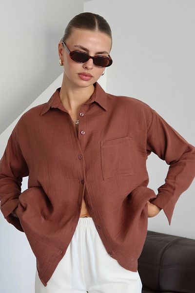 Mogi Butik Дамска риза Oversize Basic от муселин с джоб 3079