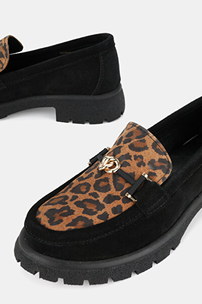 TUNAELLİ ДАМСКИ ЧЕРНИ ВЕЛУРЕНИ ОБУВКИ ОТ ЕСТЕСТВЕНА КОЖА С ЛЕОПАРДОВ ШАРЕН С КАТАМАРА, РАЗМЕР 36-41