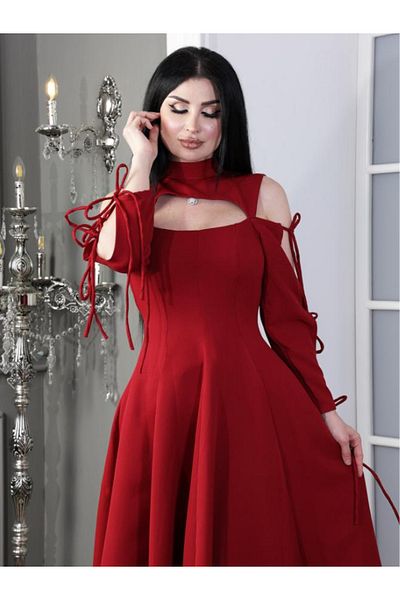 Nice Model Elegant Off-Shoulder Crepe Dress Long Sleeve Tie Detail Women Special Occasion Evening Formal