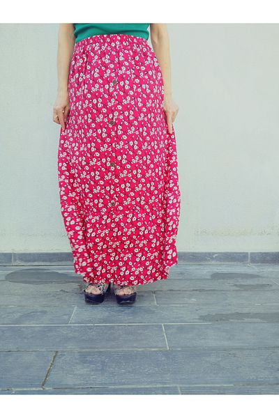 hoaryage Viscose Push - Fusta cu flori crocante cu volane si detaliu cu nasturi