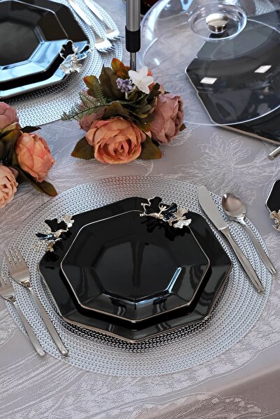 Glore Dolmabahçe Octagonal Black Platinum Gilded Glass Serving Plate Set for 6 People