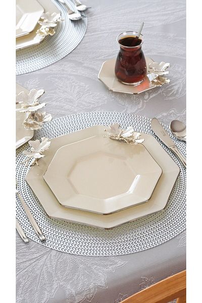 Glore Dolmabahçe 6-Person Glass Serving Plate - Octagonal Cream Platinum Gilded