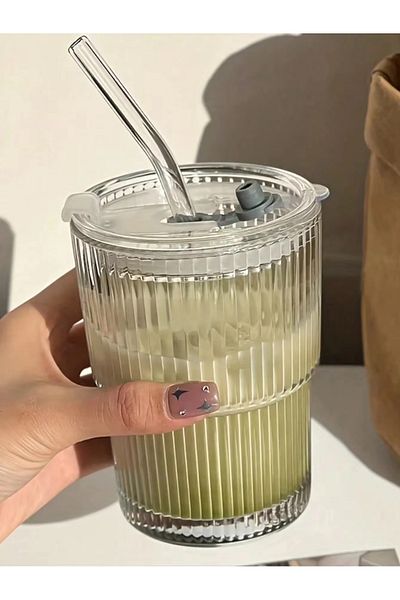 Choice 1pcs 300ml Stripe Glass Cup With Lid And Straw Transparent Coffee Mug Tea Juice Water Drinkware