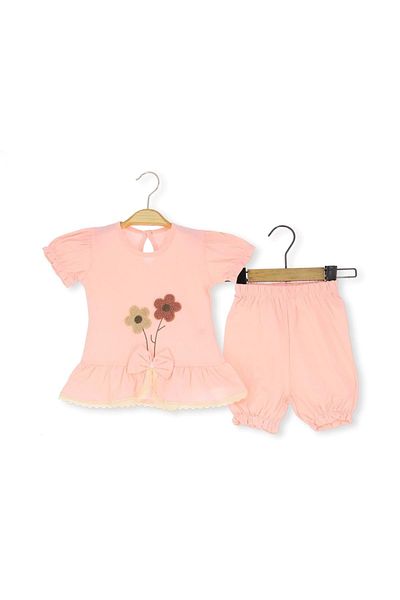 atabay Flower Embroidered Girl's Set Salmon