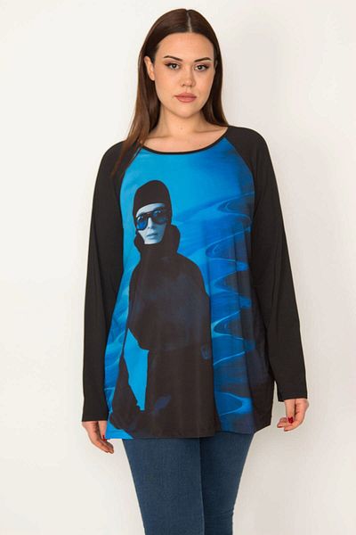 Şans Women's Plus Size Blue Front Printed Blouse 65n32782