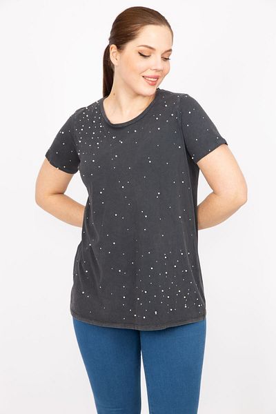 Şans Women's Anthracite Plus Size Blouse with Stone and Pearl Detail 65n35948