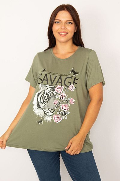 Şans Women's Plus Size Khaki Digital Printed Relaxed Cut Tunic 65n34199