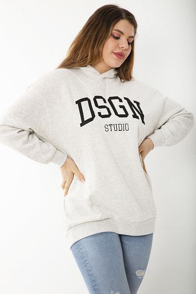 Şans Women's Large Size Gray Sweatshirt with Raised Embroidery and Hood Detail 65N37208