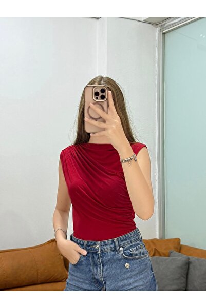 peri tower Kadın Sandy Kumaş Büzgü Detaylı Kolsuz Bluz