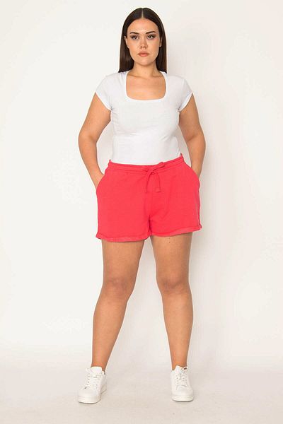 Şans Women's Large Size Fuchsia Waist Lace Detailed Pocket Shorts 65n26869
