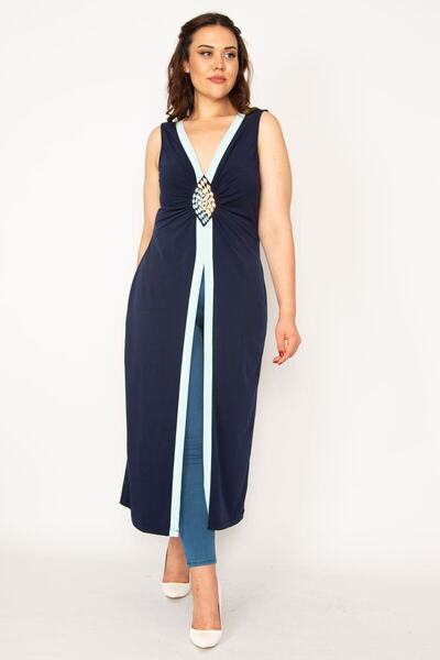 Şans Γυναικείο μεγάλο μέγεθος Navy Blue Chest Stone Λεπτομερής Κάπα 65n33205