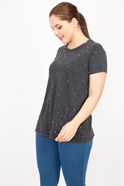 Şans Women's Anthracite Plus Size Blouse with Stone and Pearl Detail 65n35948