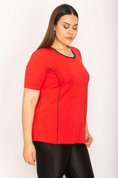 Şans Women's Large Size Red Collar and Short Sleeve Blouse 65n27038