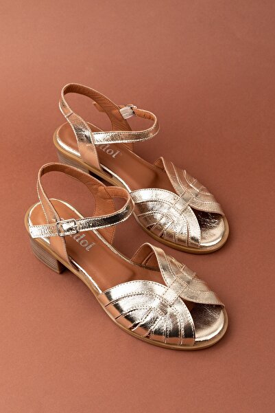 Gondol Γυναικεία Γνήσιο Δερμάτινο Μεσαίο Τακούνι Καθημερινά Κομψά Σανδάλια Anl.3363 Gold