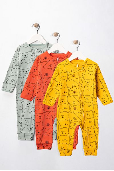 Mıdırık Teddy Bear Printed Zippered Cotton 9-12-18 Unisex 3-Piece Jumpsuit Set