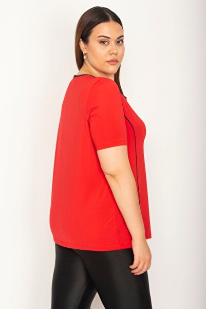 Şans Bluză cu guler roșu și mânecă scurtă pentru femei de mărime mare 65n27038