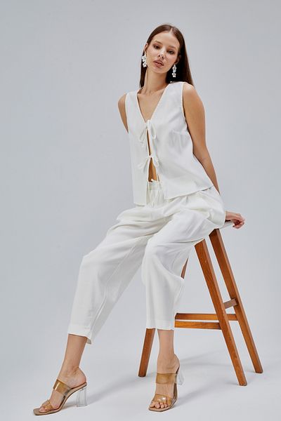 Bolivente Stone V-Neck Bow Detailed Vest-Pants Suit