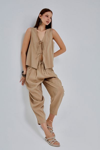 Bolivente Mink V-Neck Bow Detailed Vest-Pants Suit