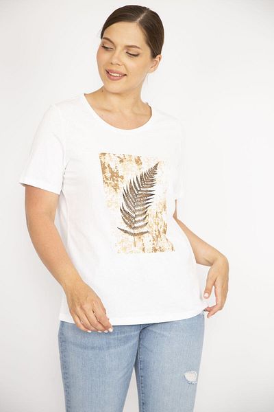 Şans Women's Bone Large Size Cotton Fabric Crew Neck Short Sleeve Front Printed Blouse 65n36540