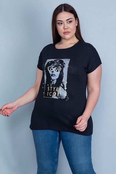 Şans Women's Large Size Black Lacquer Printed Low Sleeve Blouse 65n22983