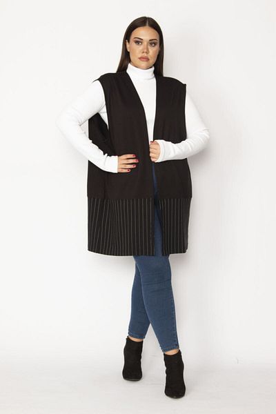 Şans Women's Large Size Black Striped Vest 65n31566