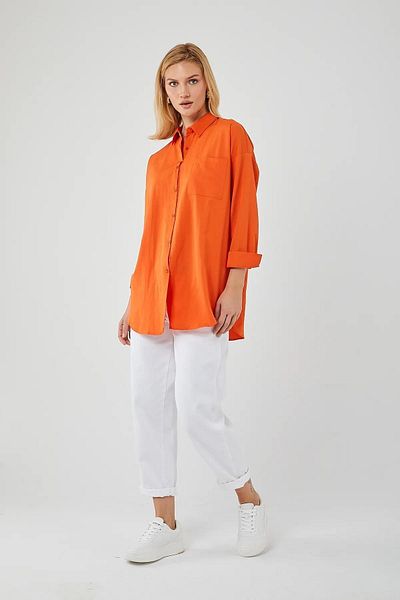 Mixray 4053 Cămașă de bază oversize cu un singur buzunar pentru femei, portocaliu