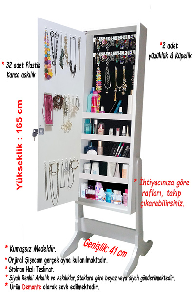 First Mobilya Number One - Kilitli - Demonte - Aynalı Hediyelik Çok Amaçlı Takı Dolabı - Beyaz