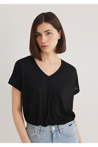 Mavi Černé viskózové tričko s výstřihem do V -RegularFit 166449 -900