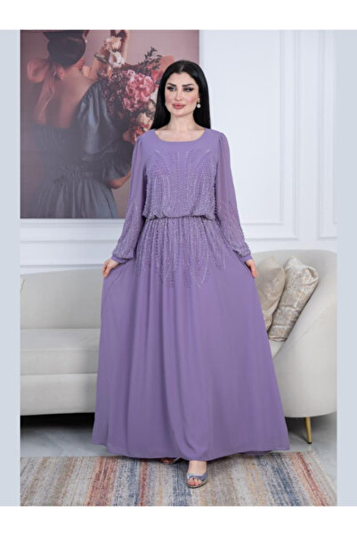 Nice Model فستان سهرة أرجواني من قماش جورجيت مع تطريز بالخرز بأكمام طويلة لحف...