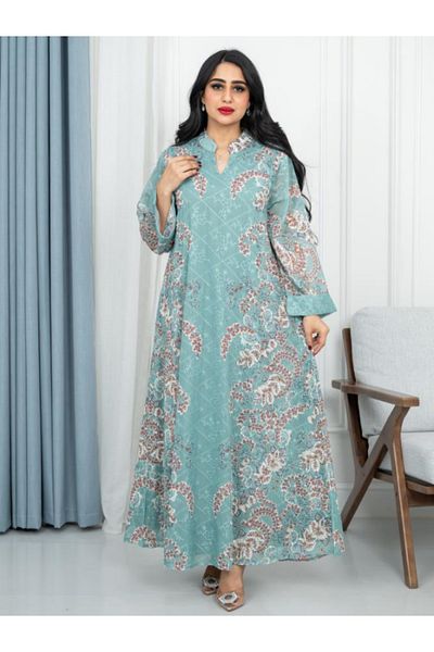 Nice Model Women's Floral Print Long Jalabiya Light Blue Wide Sleeve Maxi Dress Traditional Kaftan