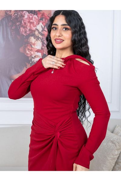 Nice Model Red Long Sleeve Evening Dress Slit Draped Bodice Formal Cocktail Party Gown Women Elegant Luxury