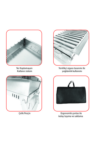 Enazon Büyük Boy Paslanmaz Katlanır Pratik Mangal (YIKANABİLİR) 55 x 29 x 23 cm MAŞA HEDİYELİ