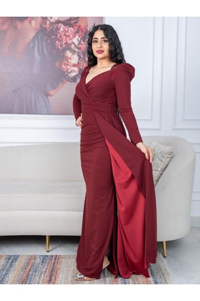 Nice Model Burgundy Crepe Evening Dress V-Neck Long Sleeve Draped Skirt Elegant Party Formal Women Gown