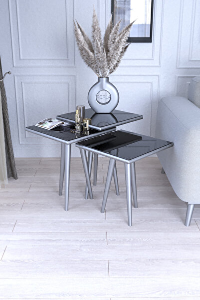 ysnn aksesuar LİVA 3'LÜ AÇIK GRİ RENK FÜME AYNALI ZİGON SEHPA TAKIMI