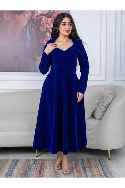 Nice Model Elegant Winter Wool Dress Long Sleeve V-Neck Straight Cut Formal Evening Party Dress