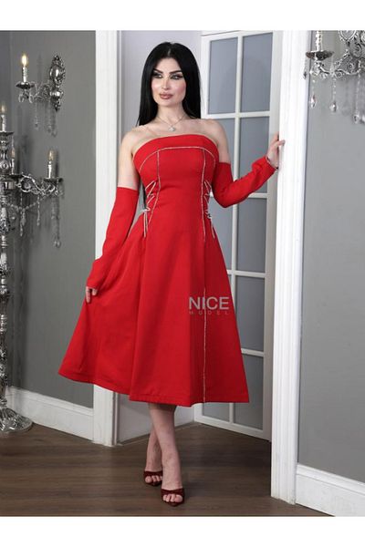 Nice Model Elegant Red Off-Shoulder Evening Dress with Detachable Sleeves - Luxury Formal Gown
