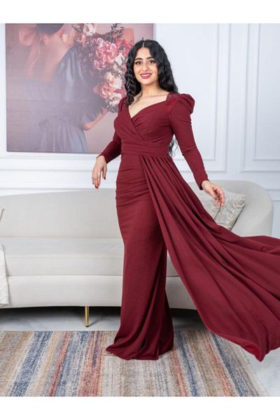 Nice Model Burgundy Crepe Evening Dress V-Neck Long Sleeve Draped Skirt Elegant Party Formal Women Gown