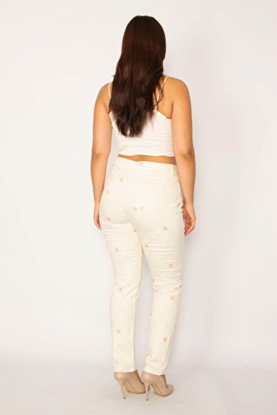 Şans Tekstil Women's Beige Plaid Printed Lycra 5 Pocket Jeans Trousers 26a34151