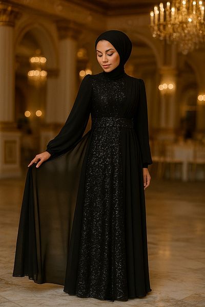 Neva Style Βραδινό φόρεμα με παγιέτες μαύρο Hijab 5408s