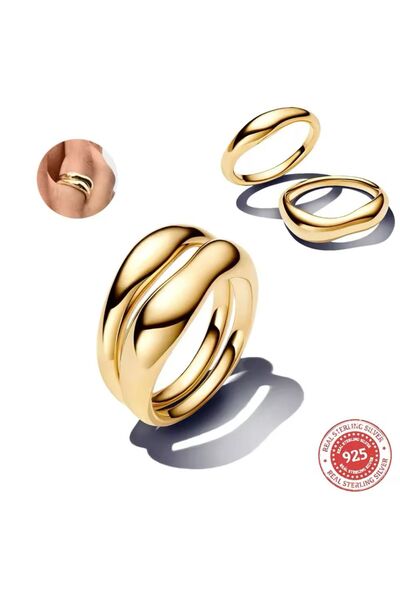 Lines Bijuteri 925 Ayar Doğal Şekilli Gold Renk İkili Gümüş Yüzükler